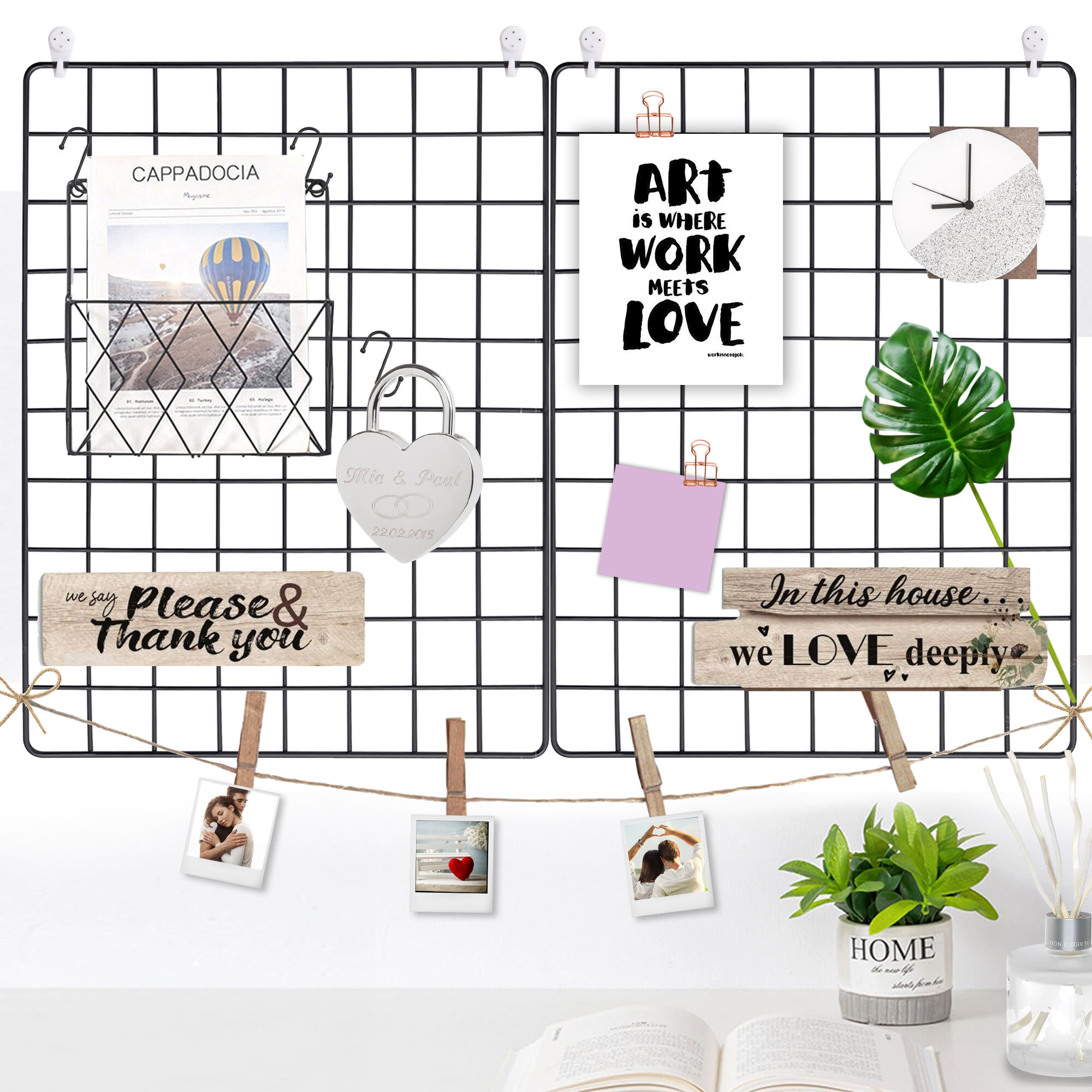 Lot de 2 étagères murales en métal - tableau mémo - avec crochets et clips - noir