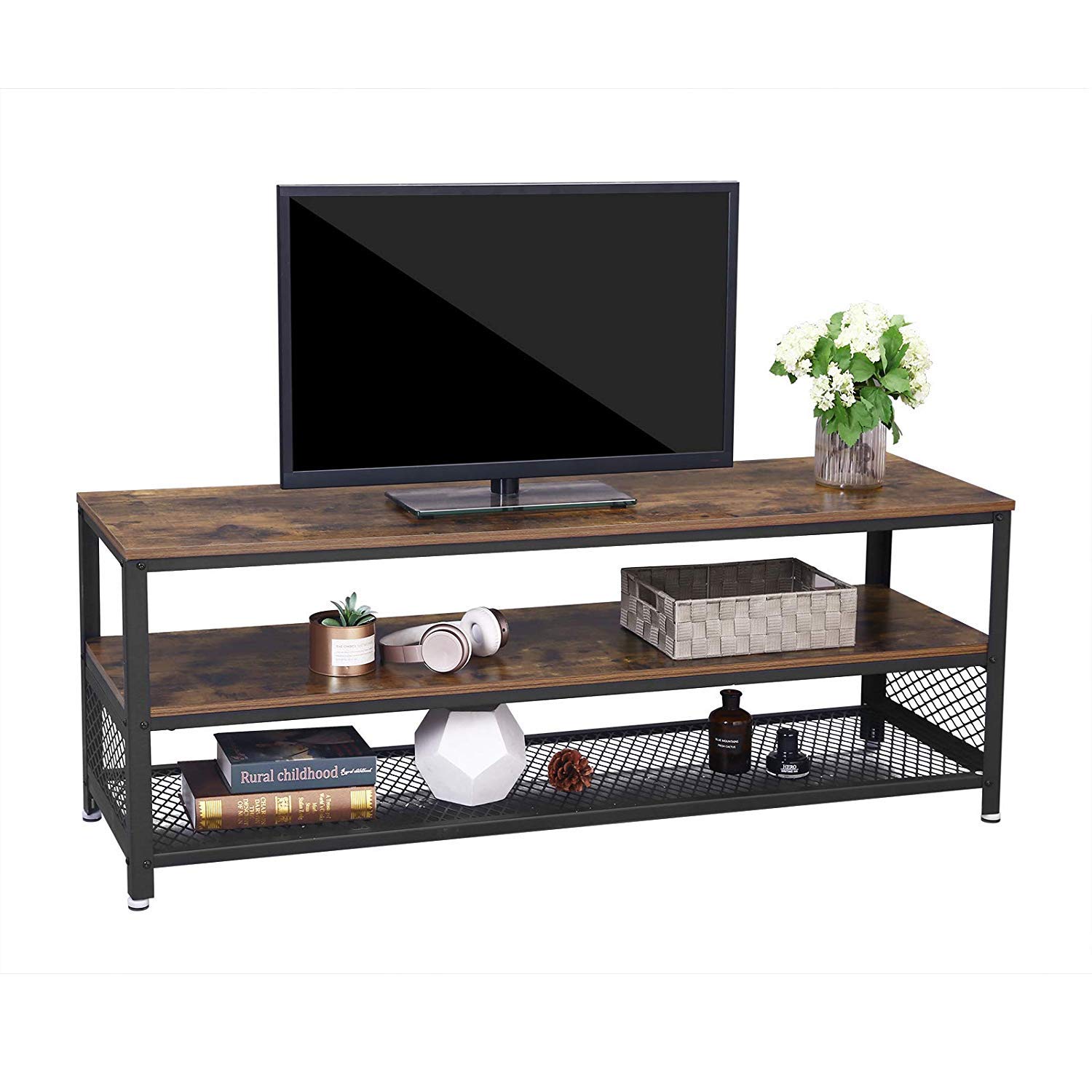 Meuble tv-hifi - brun foncé - look industriel - trois étagères - 140x52x40 cm