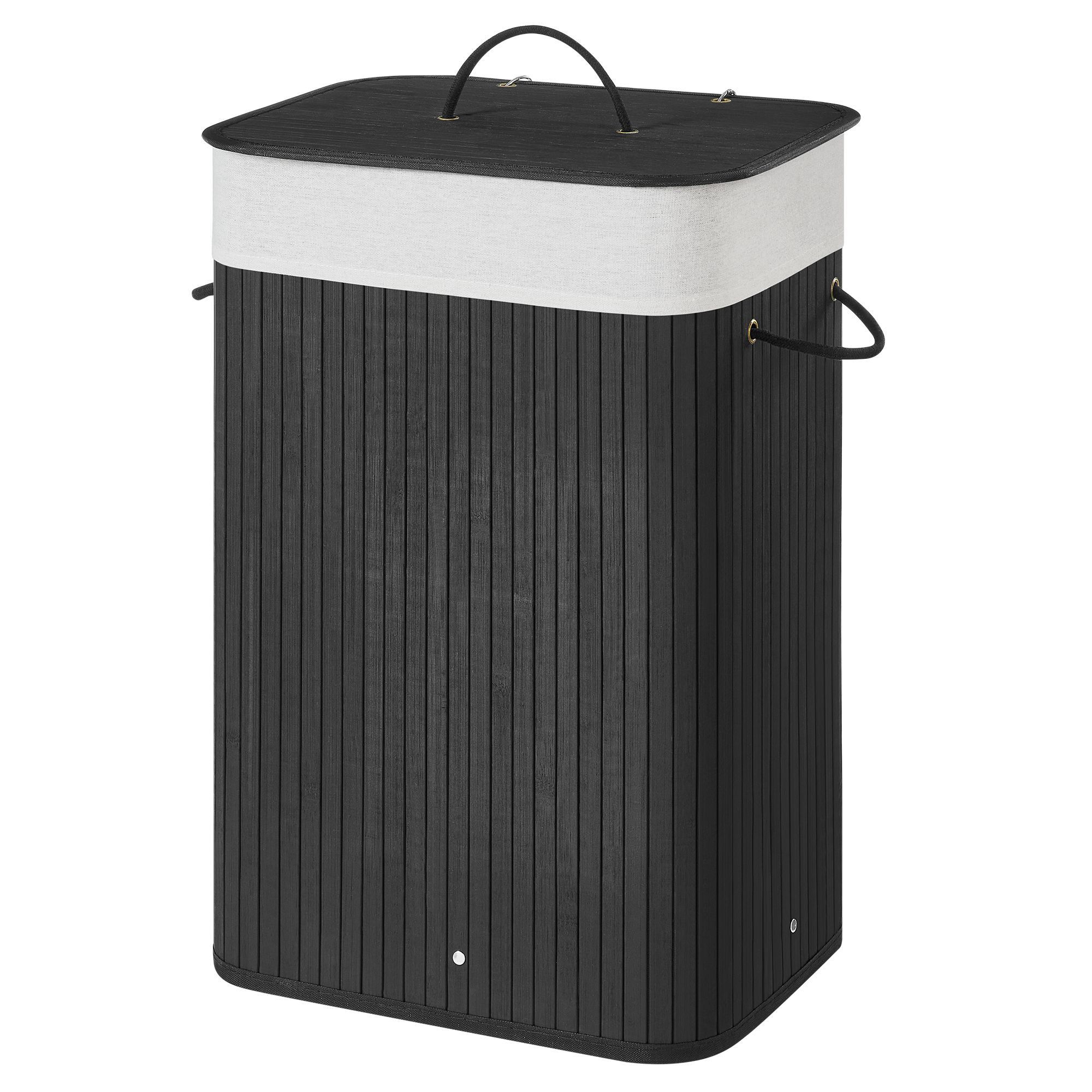 Panier à linge avec couvercle - bambou - sac en coton - 72 litres - 40x60x30 cm - noir
