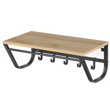 Porte-manteaux mural - vintage - 5 crochets - avec rail - 60x20x30 cm - chêne clair