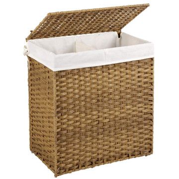 Panier à linge tissé - 2 compartiments de 55 litres chacun - rotin synthétique - 57x60x33 cm - brun