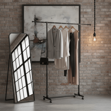 Porte-vêtements à roulettes - 97 > 165 cm - avec barre extensible - crochets latéraux et sacs - noir Porte-vêtements à roulettes - 97 > 165 cm - avec barre extensible - crochets latéraux et sacs - noir