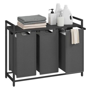 Panier à linge - 3 compartiments et étagère- tissu oxford - 3 x 38 L - 92,5 x 33 x 72 cm - Noir/Gris Panier à linge - 3 compartiments et étagère- tissu oxford - 3 x 38 L - 92,5 x 33 x 72 cm - Noir/Gris
