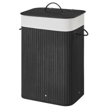 Panier à linge avec couvercle - bambou - sac en coton - 72 litres - 40x60x30 cm - noir