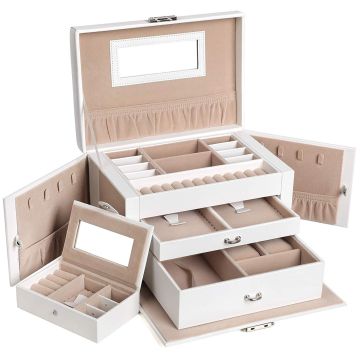 Boîte à bijoux de luxe avec miroir - 3 niveaux et portes latérales - blanc