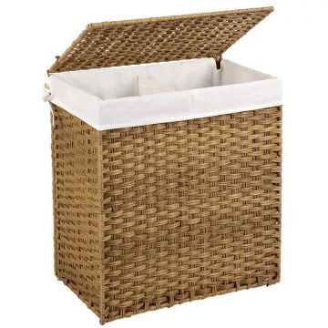Panier à linge tissé - 2 compartiments de 55 litres chacun - rotin synthétique - 57x60x33 cm - brun