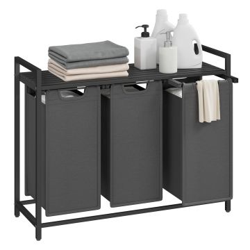Panier à linge - 3 compartiments et étagère- tissu oxford - 3 x 38 L - 92,5 x 33 x 72 cm - Noir/Gris