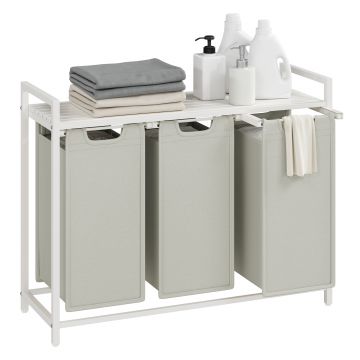 ACAZA Panier à linge 3 compartiments - Collecteur de linge avec étagère - Boîte à linge - Sac à linge en tissu Oxford - Amovible - Cadre en métal, 3 x 38 L - 92,5 x 33 x 72 cm - Blanc