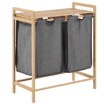 Panier à linge - 2 sacs à linge extensibles - 44 litres - bambou - 64,5x73,5x33 cm - gris