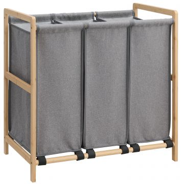 Panier à linge ACAZA - trieur de linge - avec 3 compartiments - 162 litres - tissu/bambou - gris