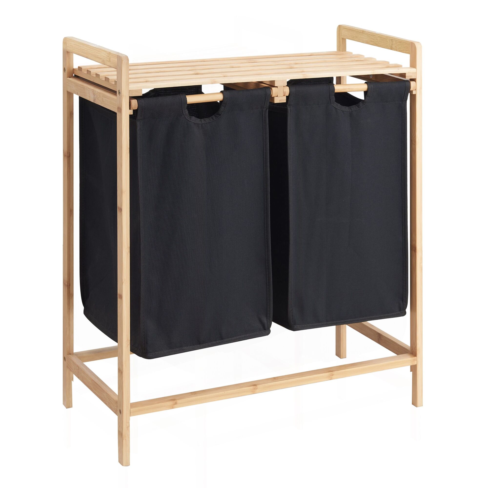 Panier à linge - 2 sacs à linges extensibles - 44 litres - bambou - 64,5x73,5x33 cm - noir