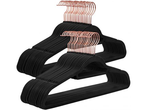 Cintres en velours - lot de 50 - antidérapants - avec crochet pivotant doré rose - gain de place - noir